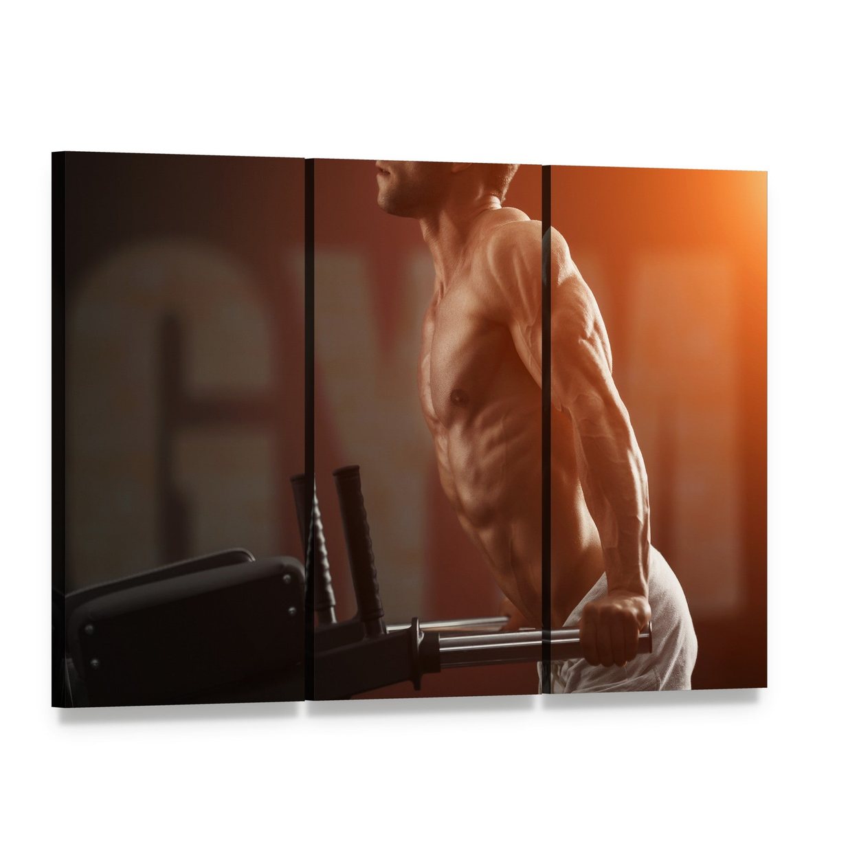 Intense Muscular Bodybuilder Close-up Canvas Wall Art, 3 panel 3 Horizontal layout gallery wrapped canvas set, angled product view