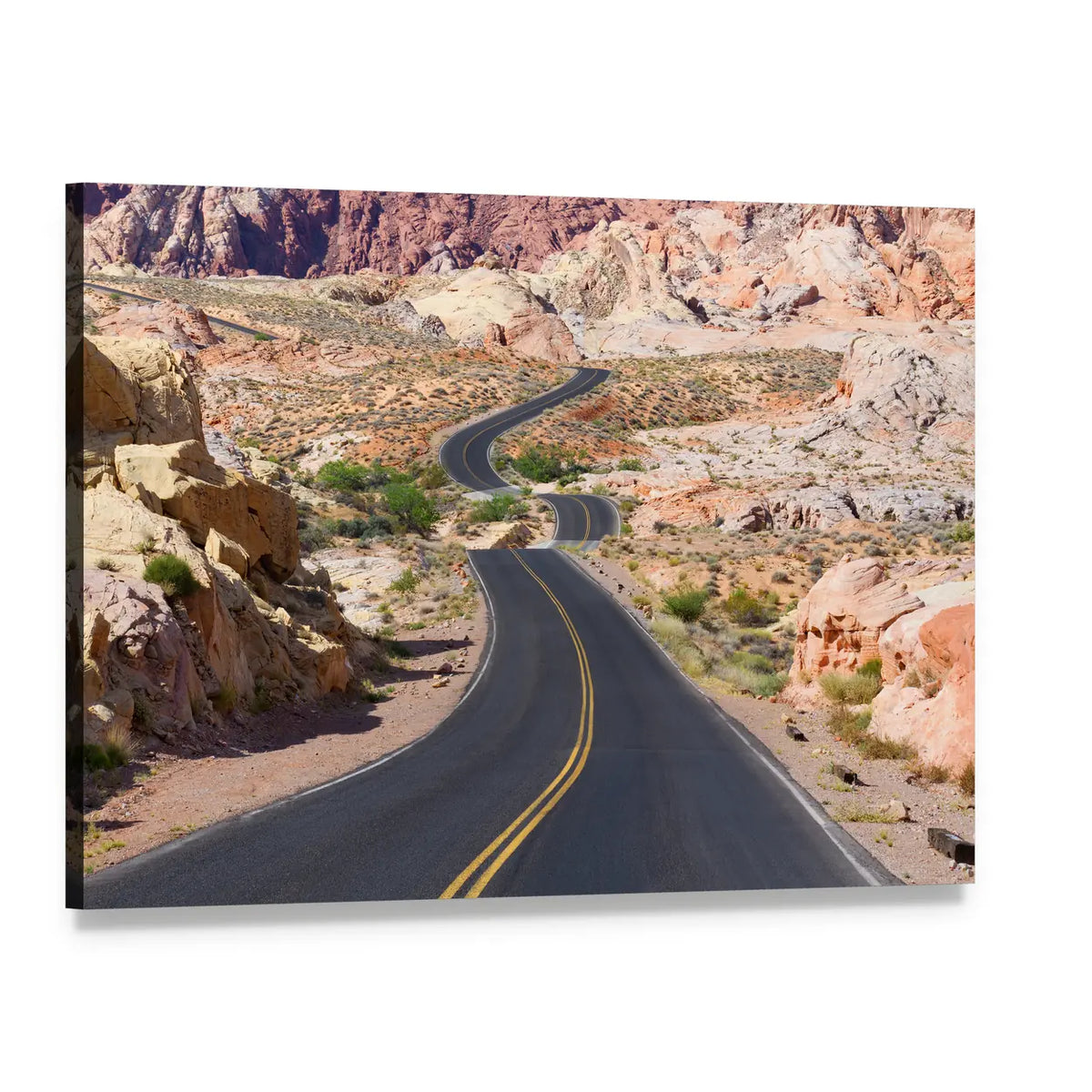 Winding Desert Road with Double Yellow Lines Canvas Wall Art, single panel gallery wrapped canvas, angled product view