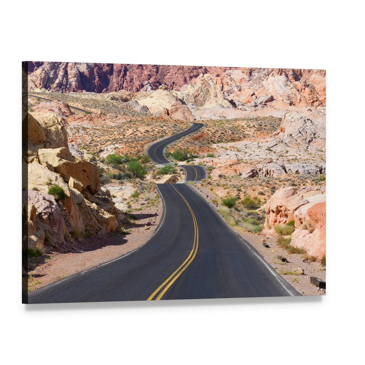 Winding Desert Road with Rock Formations Canvas Wall Art, single panel gallery wrapped canvas, angled product view