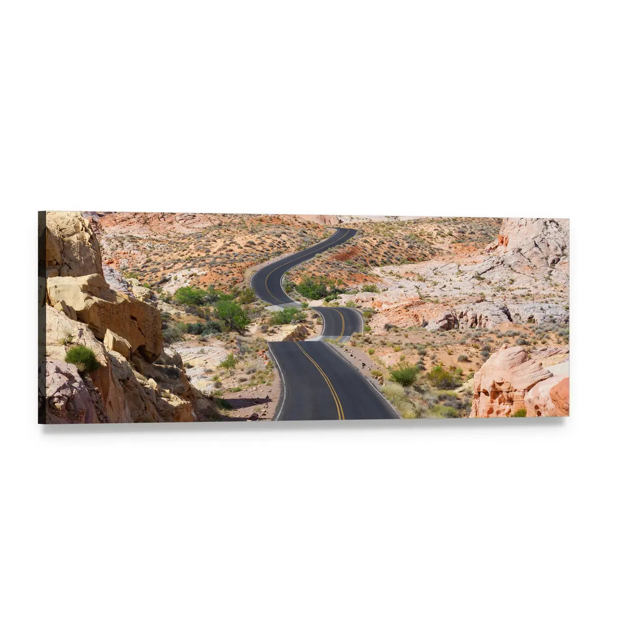 Winding Desert Road with Double Yellow Lines Panoramic Canvas Wall Art, single panel gallery wrapped canvas, angled product view
