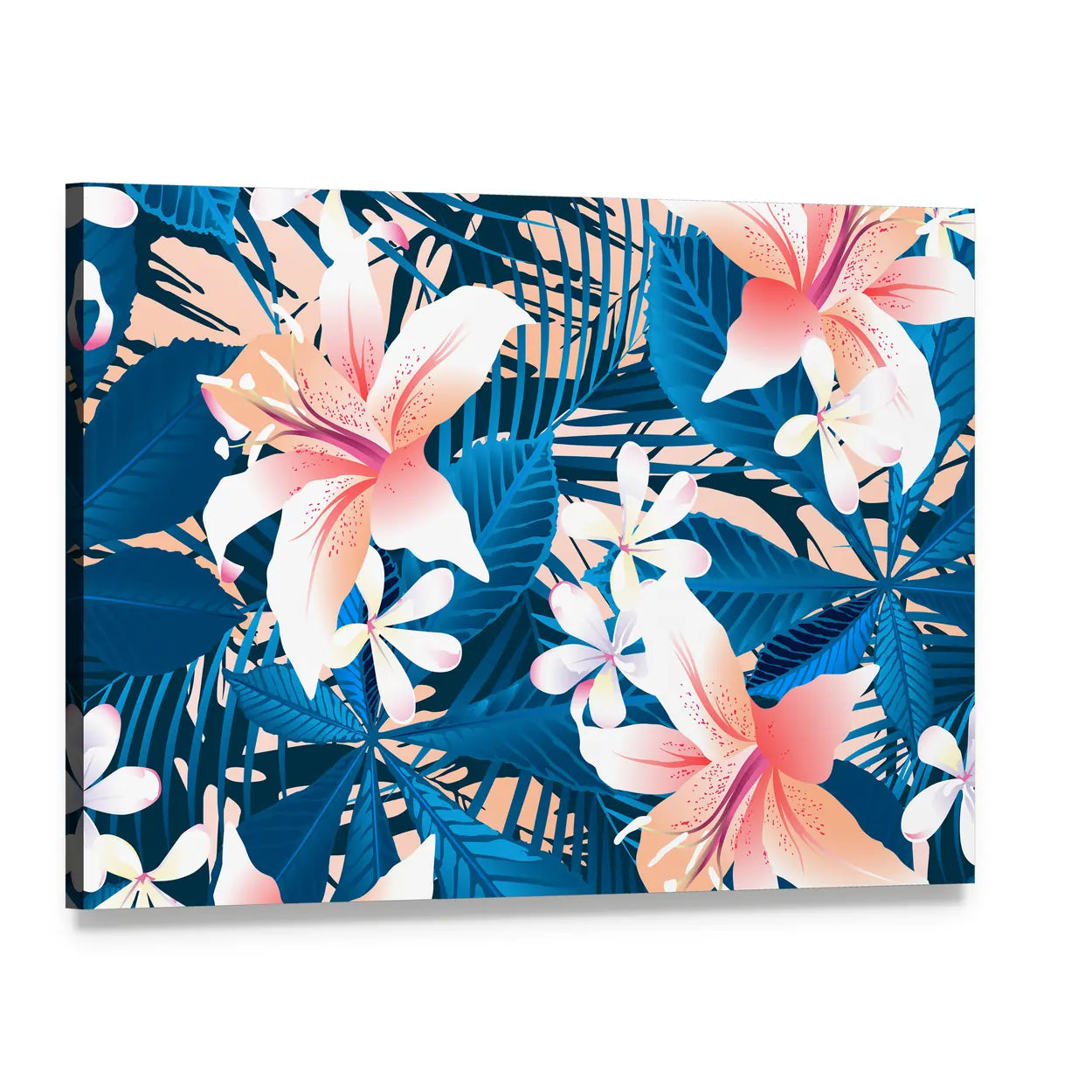 Tropical Lily and Plumeria Floral Pattern Canvas Wall Art, single panel gallery wrapped canvas, angled product view