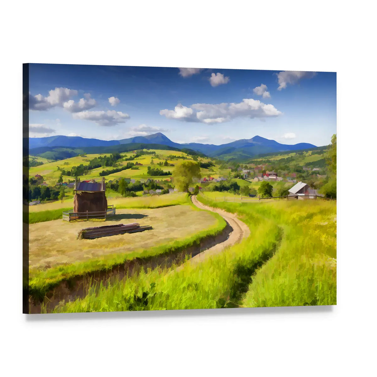 Summer Mountain Village Landscape Canvas Wall Art, single panel gallery wrapped canvas, angled product view