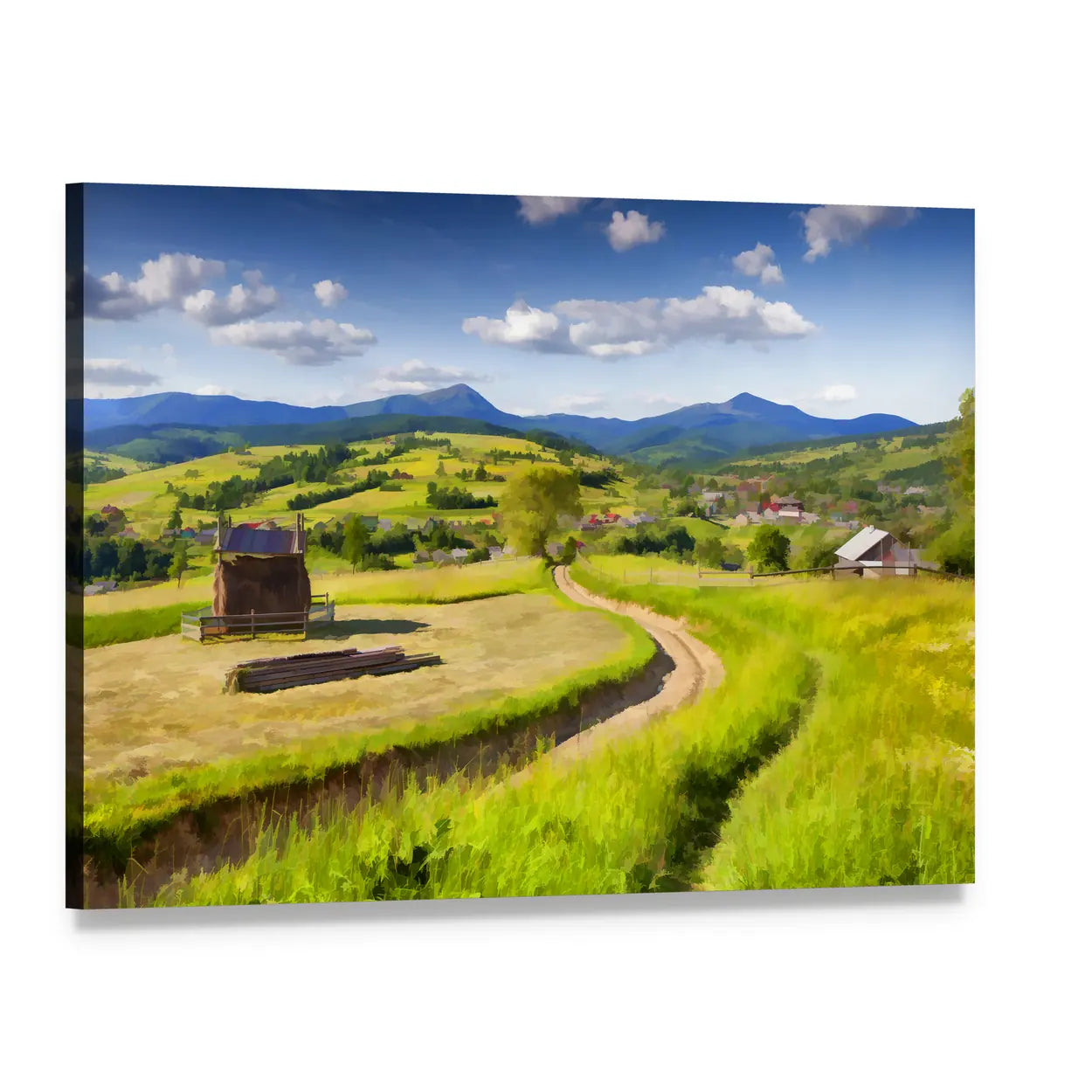 Summer Mountain Village Landscape Canvas Wall Art, single panel gallery wrapped canvas, angled product view