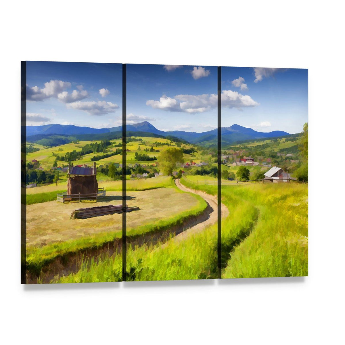 Summer Landscape in the Mountains Village Canvas Wall Art, 3 panel 3 Horizontal layout gallery wrapped canvas set, angled product view