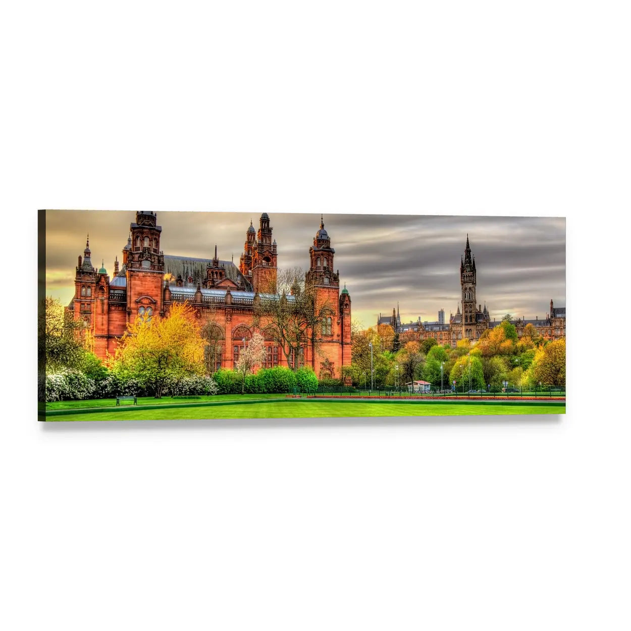 Kelvingrove Museum Autumn Park View Panoramic Canvas Wall Art, single panel gallery wrapped canvas, angled product view