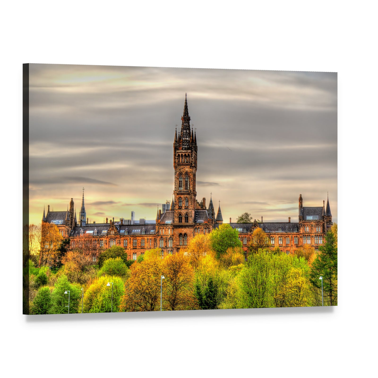 University of Glasgow Tower with Autumn Foliage Canvas Wall Art, single panel gallery wrapped canvas, angled product view