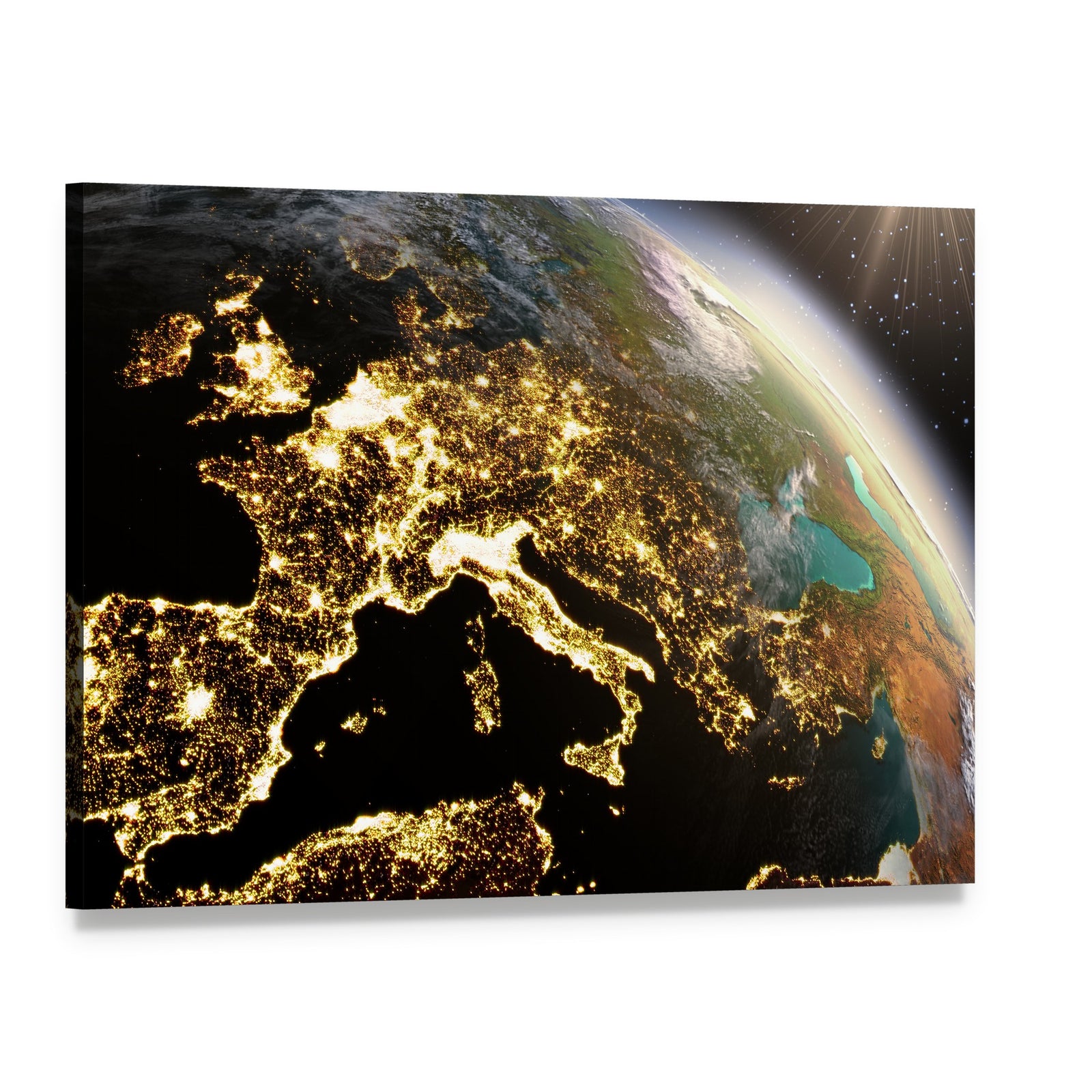 Europe from Space at Night Canvas Wall Art, single panel gallery wrapped canvas, angled product view