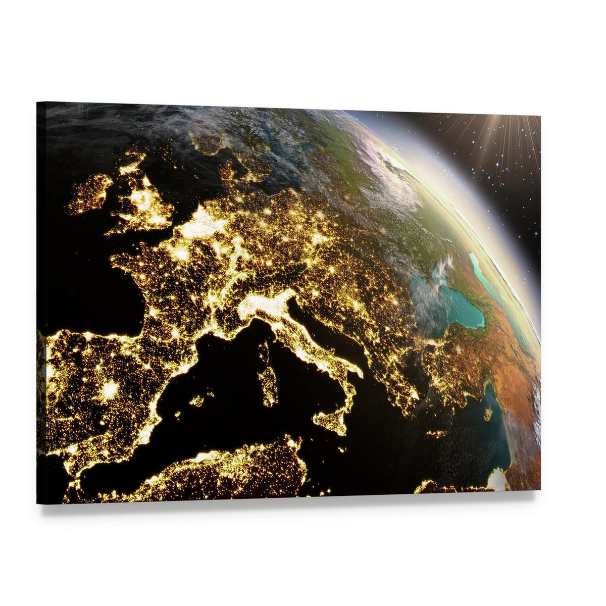 Europe from Space at Night Canvas Wall Art, single panel gallery wrapped canvas, angled product view