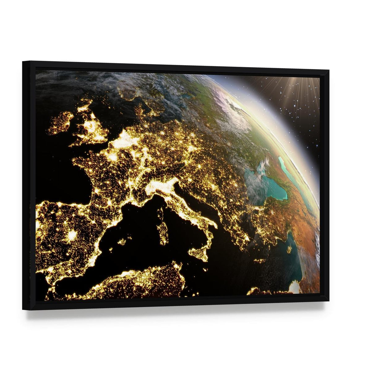 Europe from Space at Night Canvas Wall Art, framed canvas in a black floater frame, angled product view