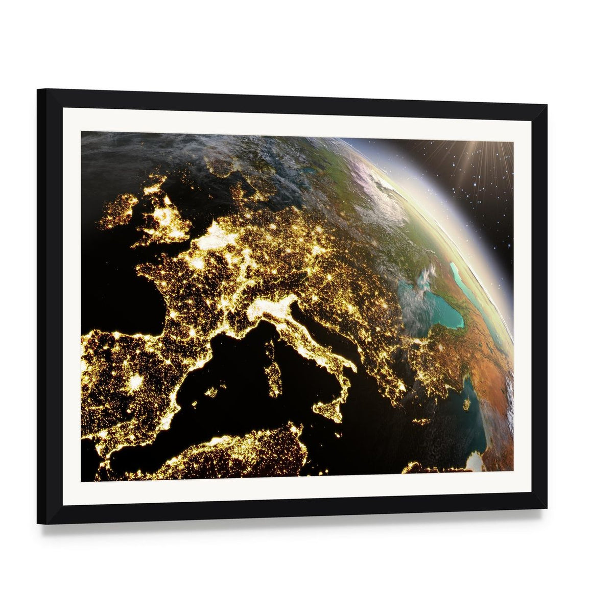 Europe from Space at Night Canvas Wall Art, framed print with white mat and black frame, angled product view