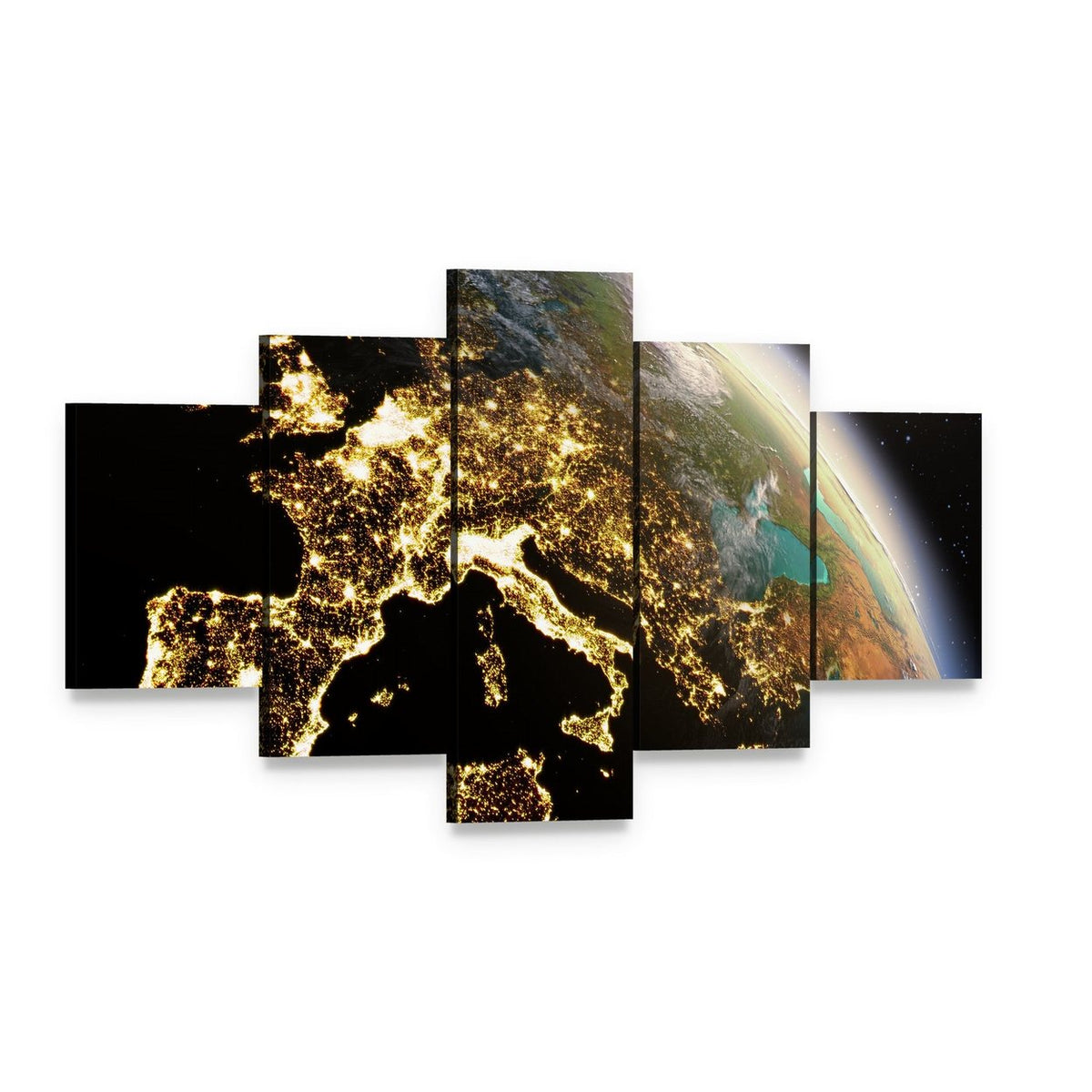 Europe from Space at Night Canvas Wall Art, 5 panel 5 Star layout gallery wrapped canvas set, angled product view