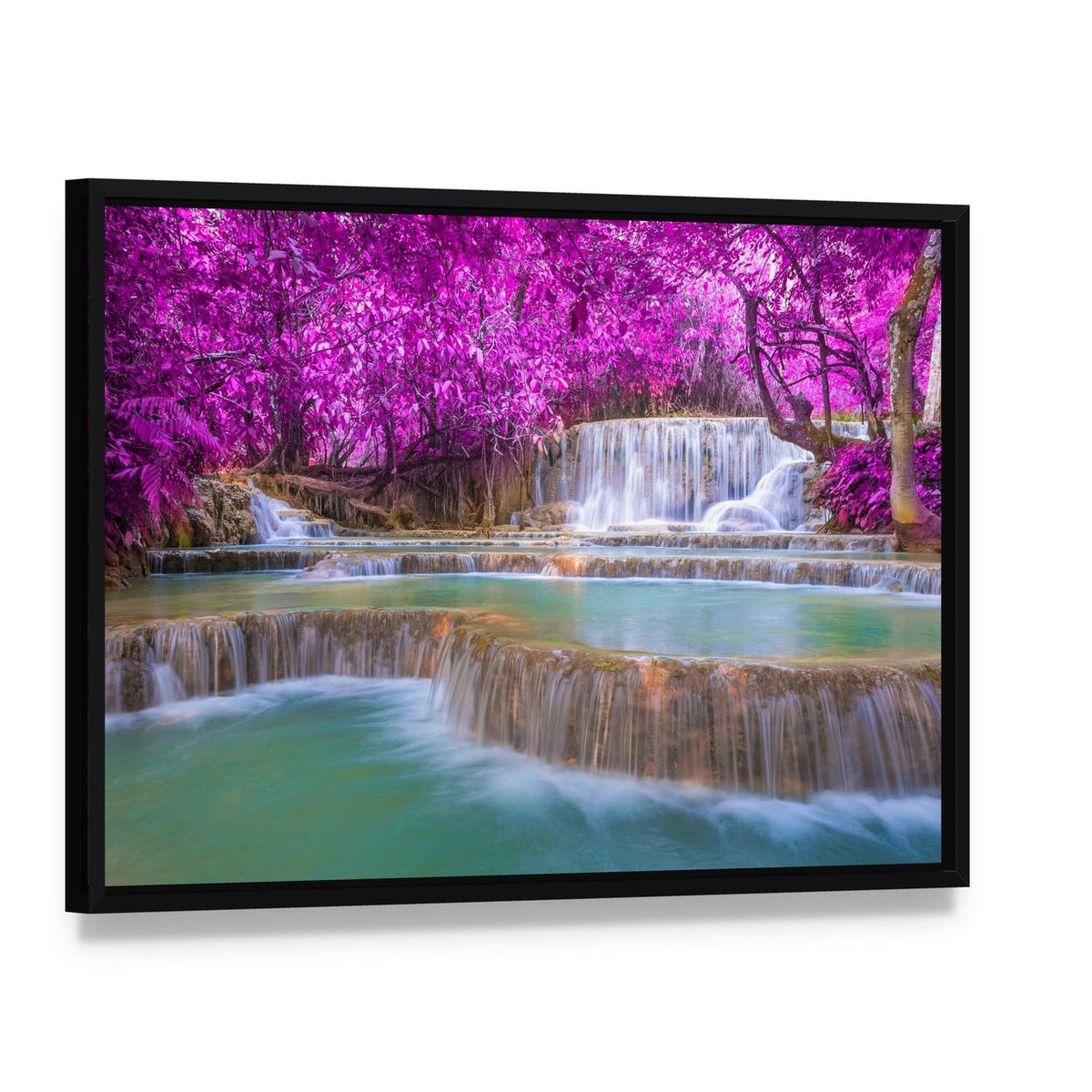 Waterfall in Rain Forest Canvas Wall Art, framed canvas in a black floater frame, angled product view