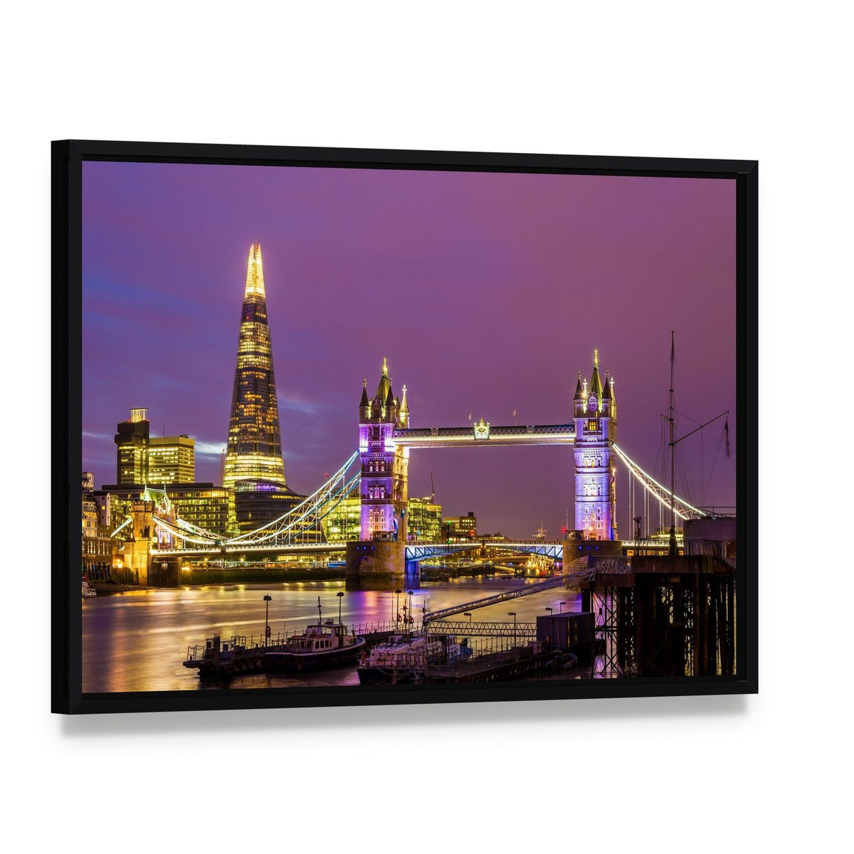 Tower Bridge in the Evening Canvas Wall Art, framed canvas in a black floater frame, angled product view