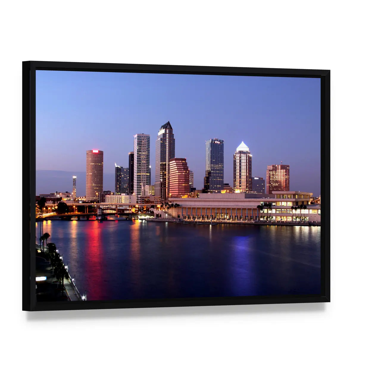 Tampa Skyline Canvas Wall Art, framed canvas in a black floater frame, angled product view