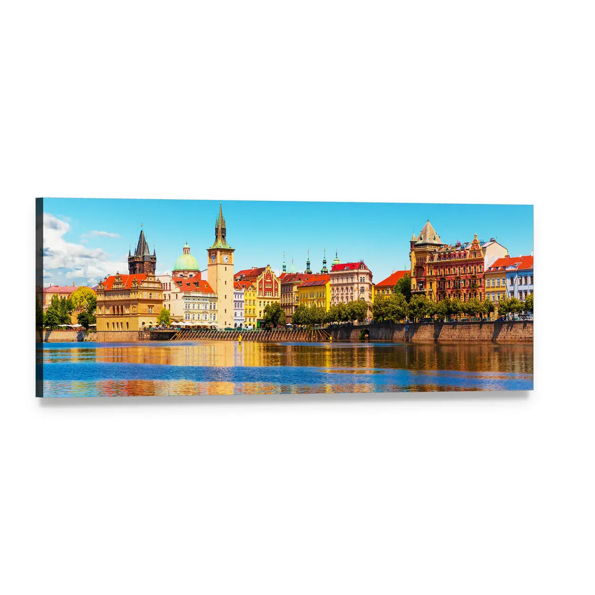 Prague Old Town River Reflections Panoramic Canvas Wall Art, single panel gallery wrapped canvas, angled product view