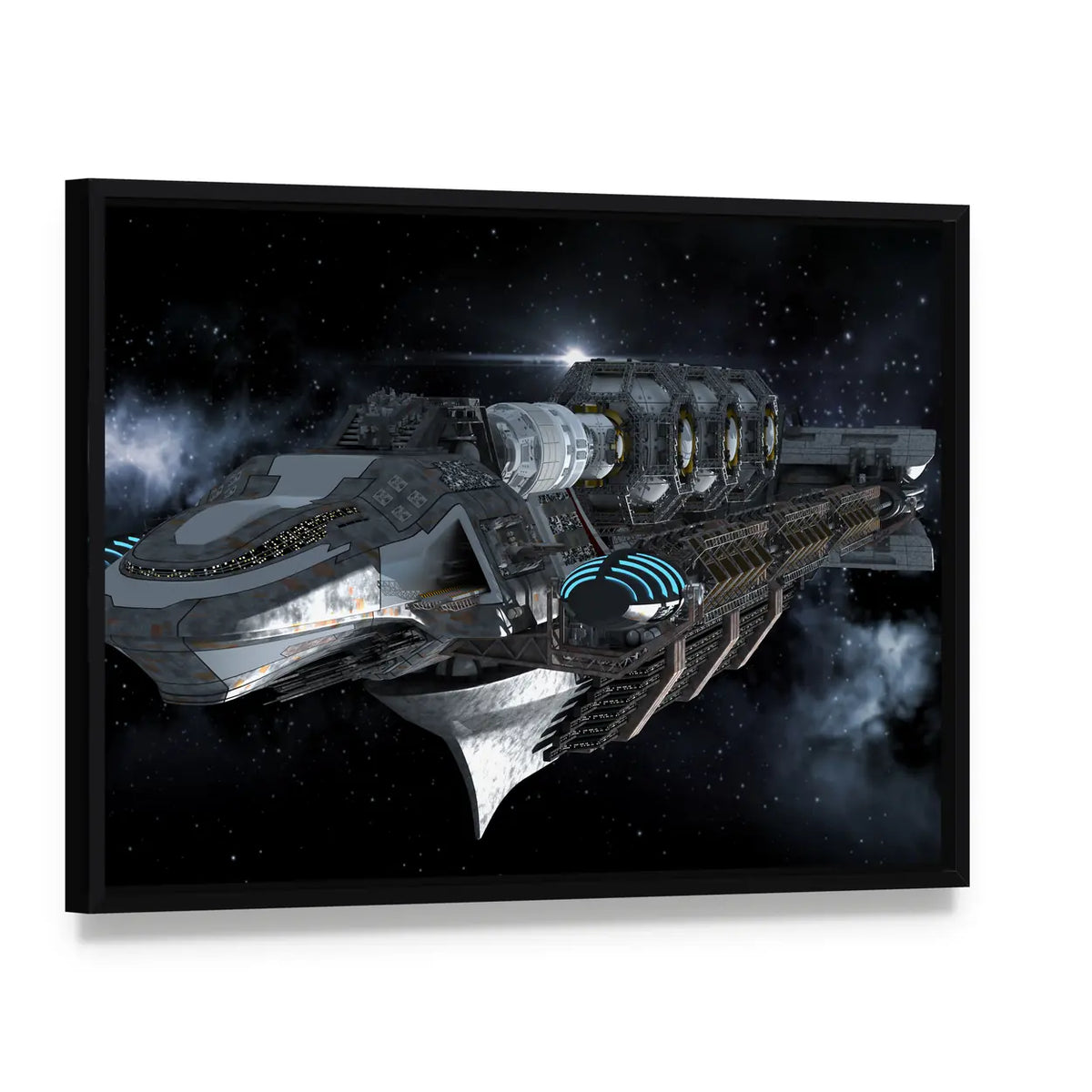 Alien Battleship in Deep Space Canvas Wall Art, framed canvas in a black floater frame, angled product view