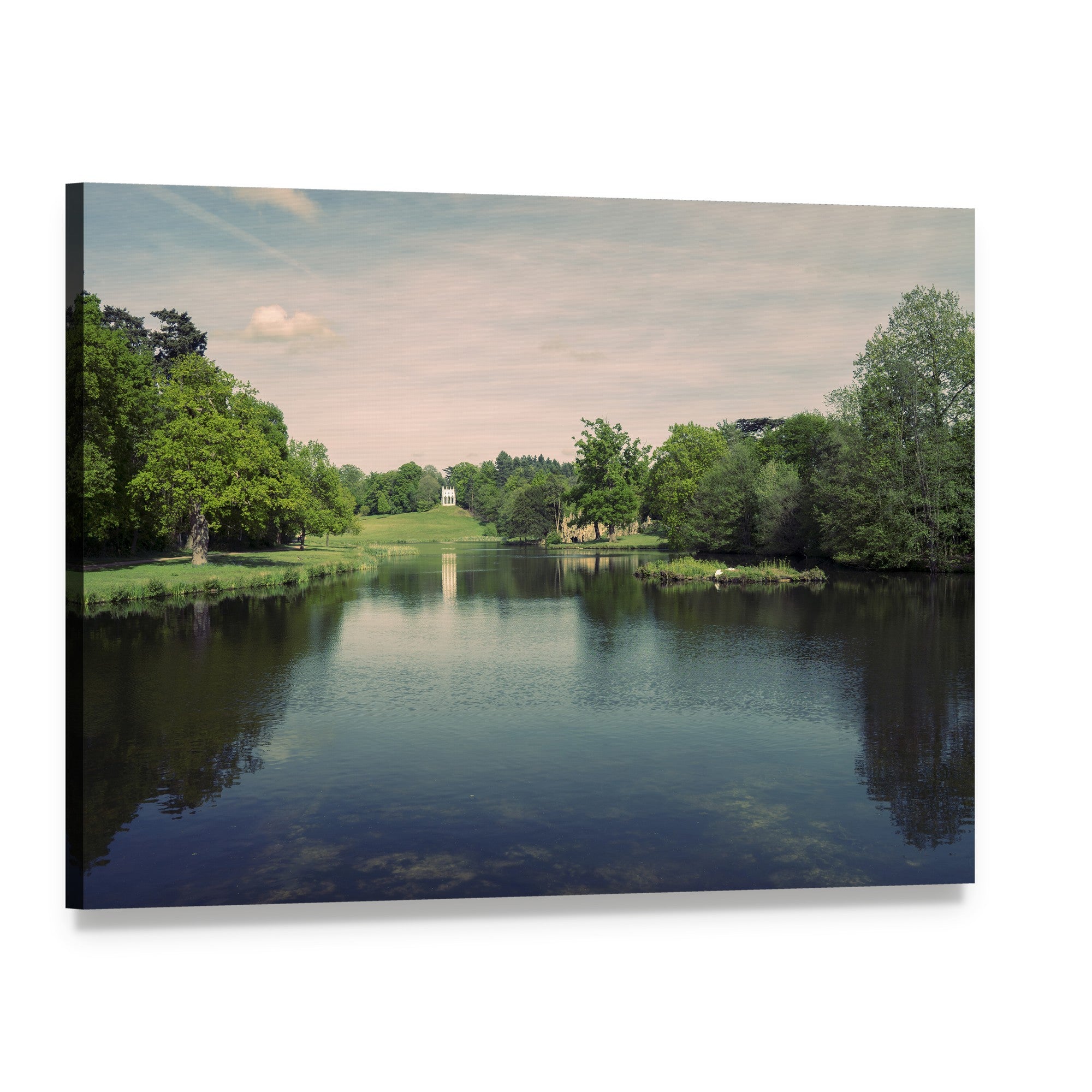 Swans on a Serene Lake Canvas Wall Art, single panel gallery wrapped canvas, angled product view