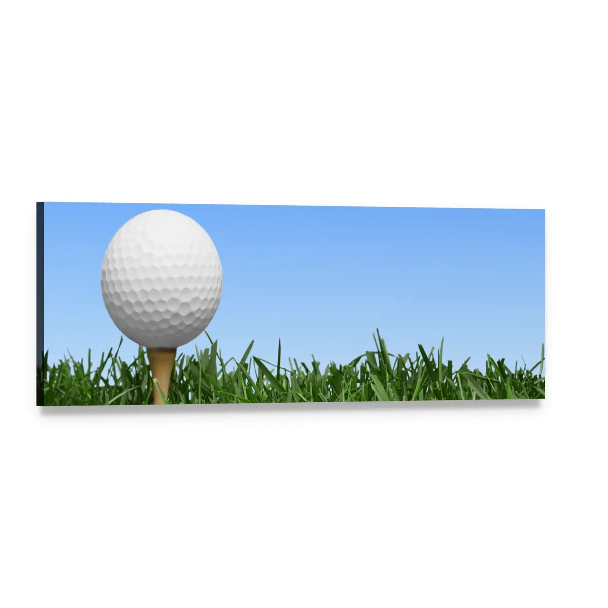 Golf Ball on Wooden Tee Panoramic Canvas Wall Art, single panel gallery wrapped canvas, angled product view
