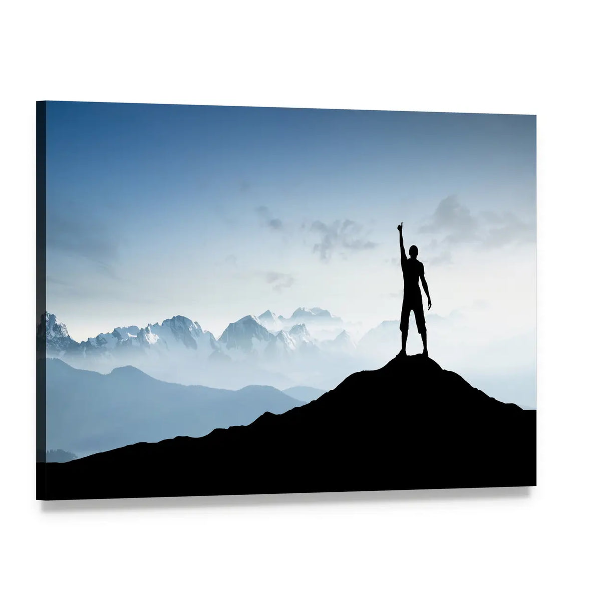 Victorious Silhouette on Mountain Peak Canvas Wall Art, single panel gallery wrapped canvas, angled product view