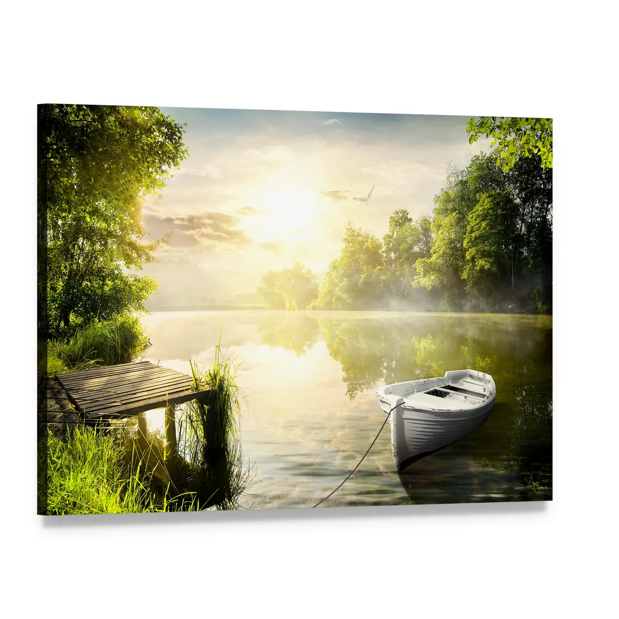 White Rowboat by Misty Pier Canvas Wall Art, single panel gallery wrapped canvas, angled product view