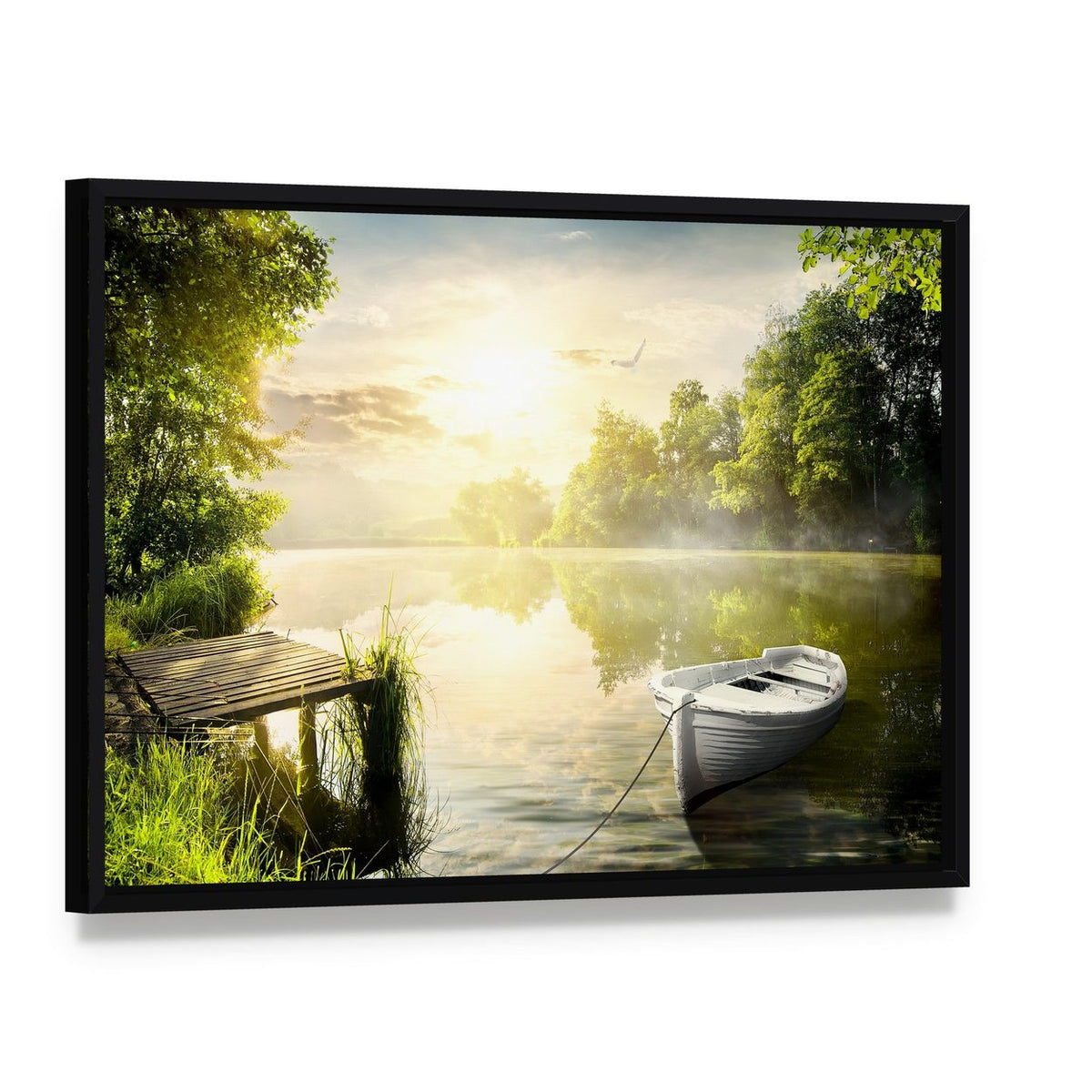 White Rowboat Tied to Dock Canvas Wall Art, framed canvas in a black floater frame, angled product view