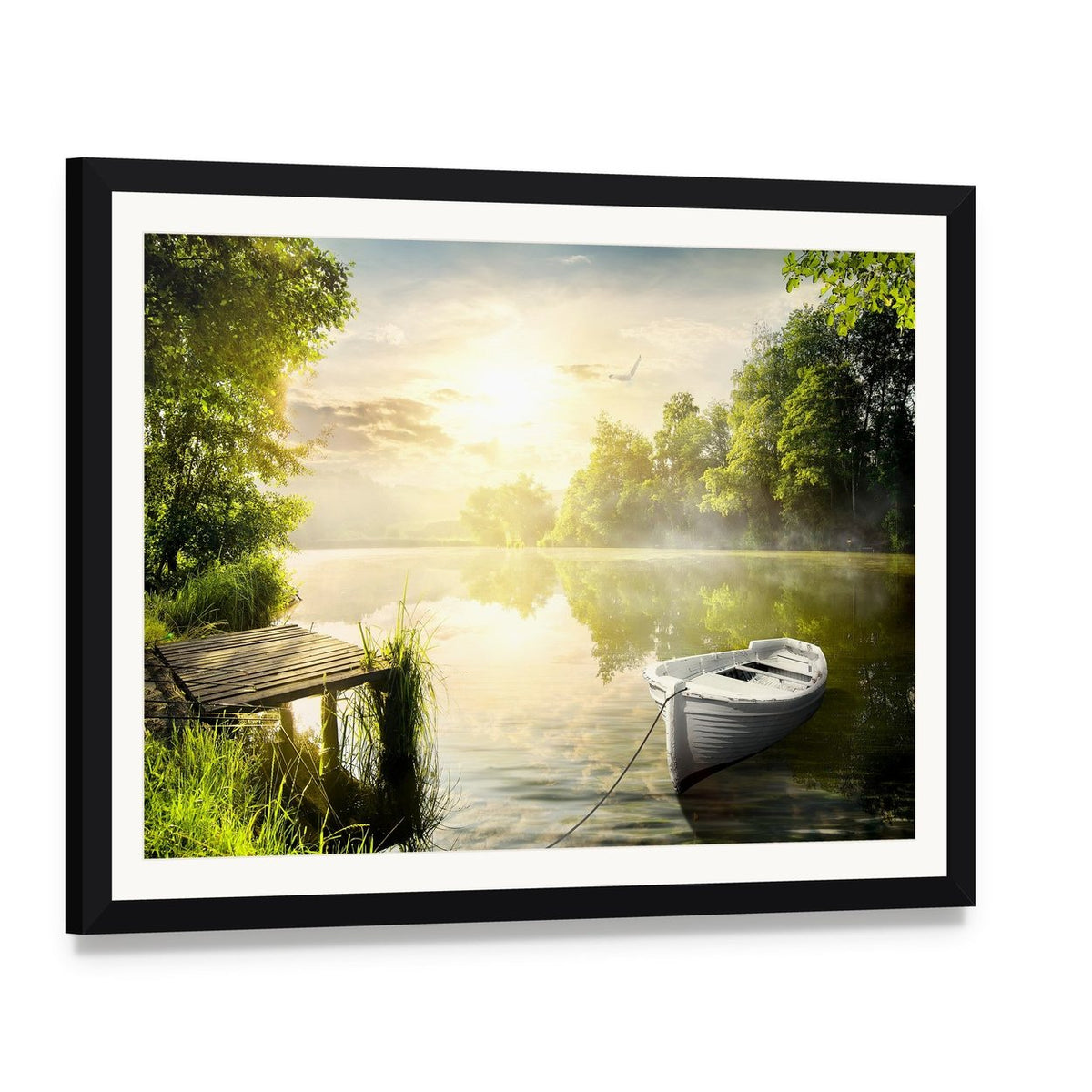 White Rowboat Tied to Dock Canvas Wall Art, framed print with white mat and black frame, angled product view
