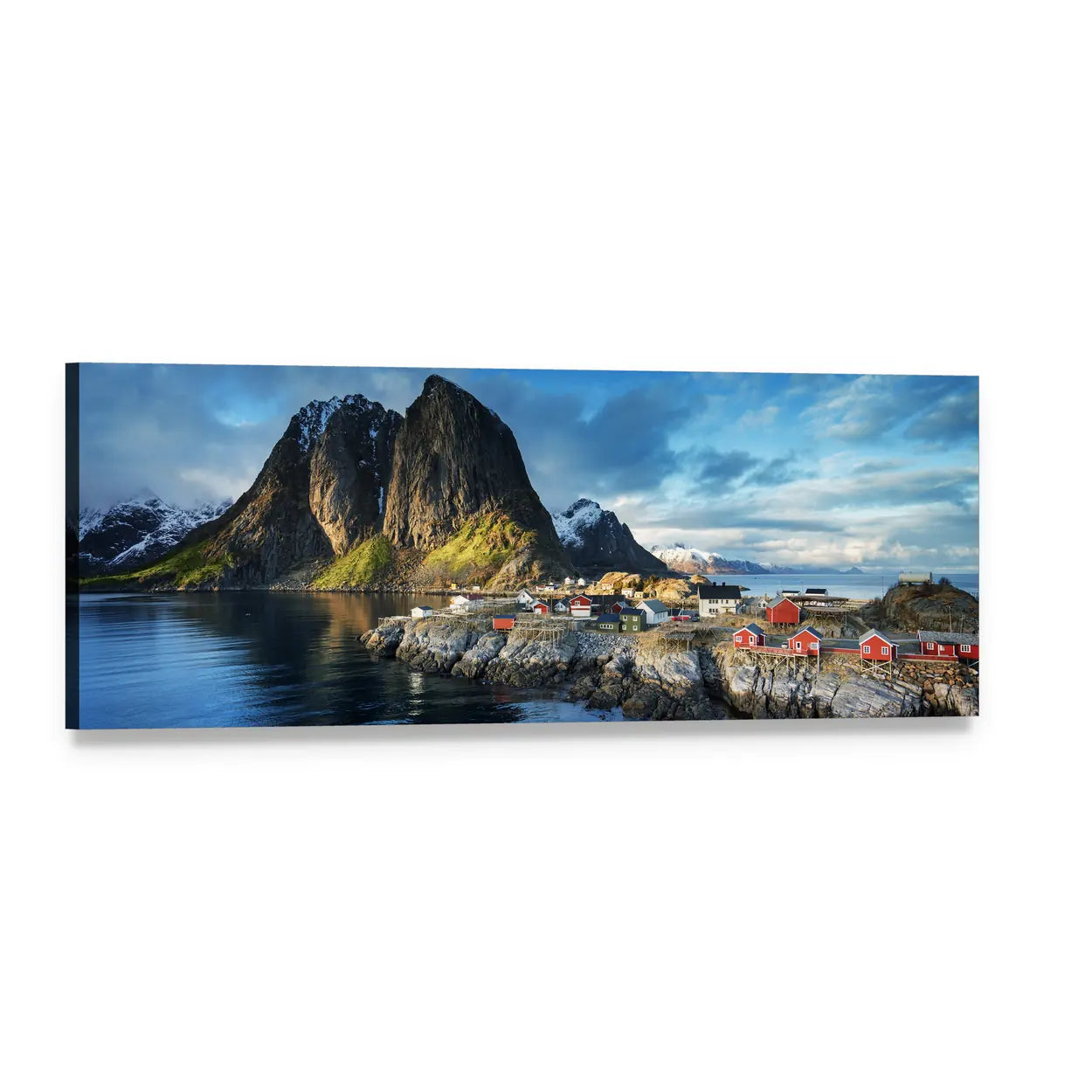 Fishing Huts in Lofoten Islands Panoramic Canvas Wall Art, single panel gallery wrapped canvas, angled product view
