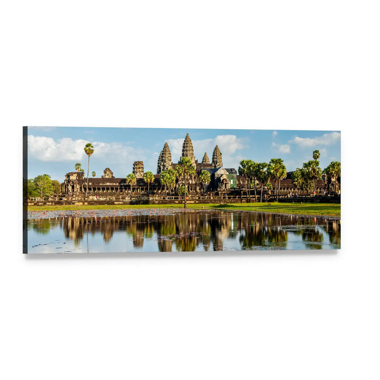 Angkor Wat Temple with Reflecting Pond Panoramic Canvas Wall Art, single panel gallery wrapped canvas, angled product view