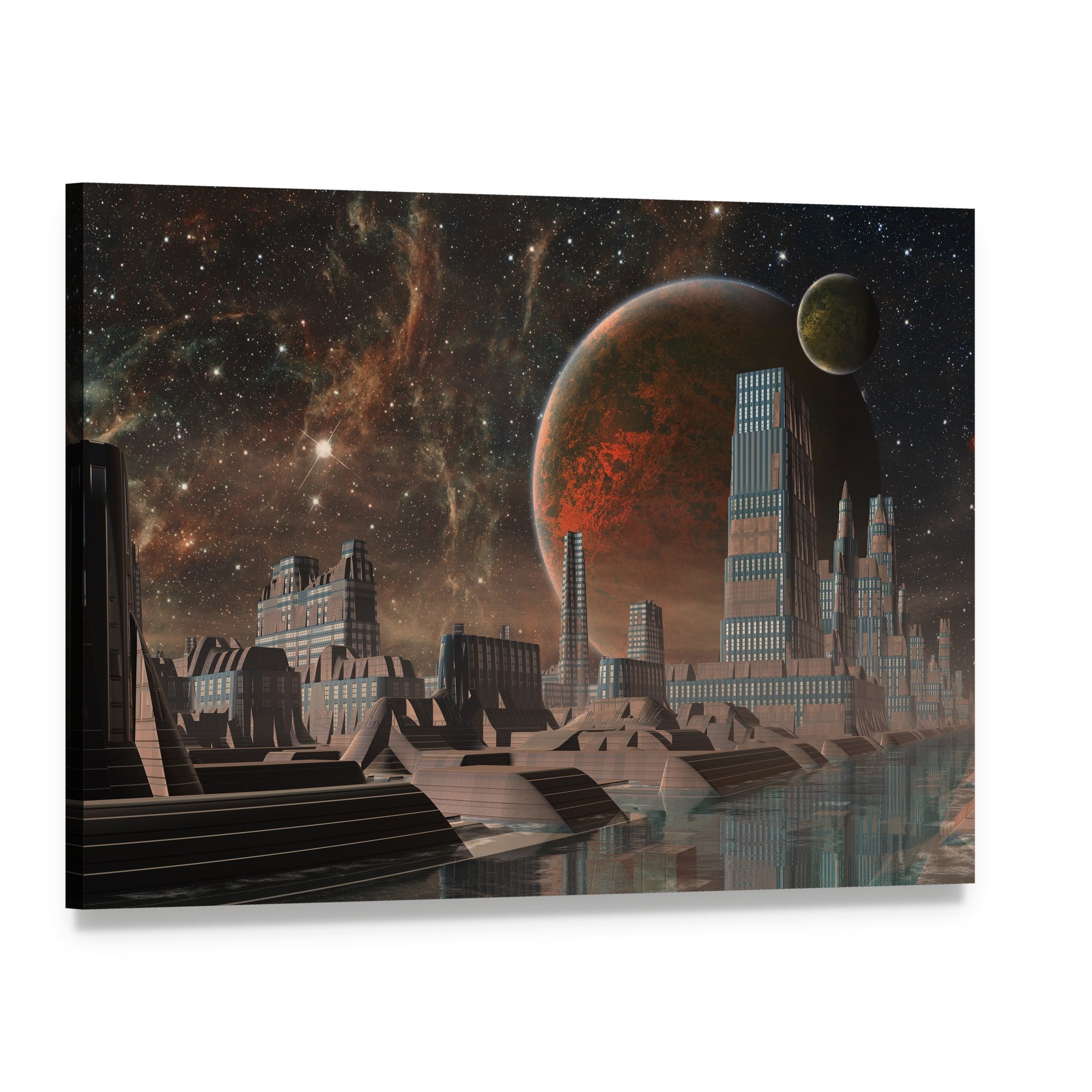 Futuristic Alien City Canvas Wall Art, single panel gallery wrapped canvas, angled product view