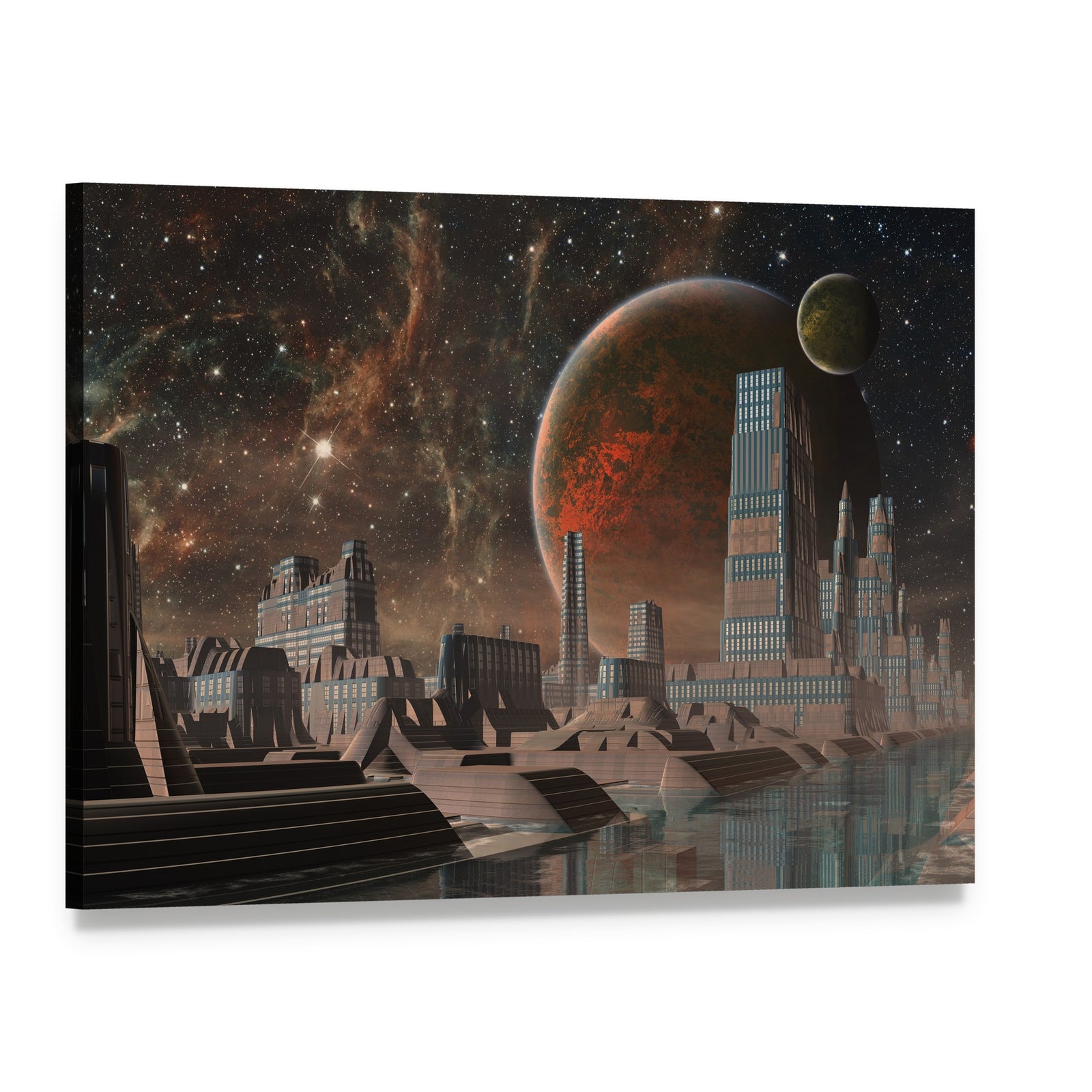 Futuristic Alien City Canvas Wall Art, single panel gallery wrapped canvas, angled product view
