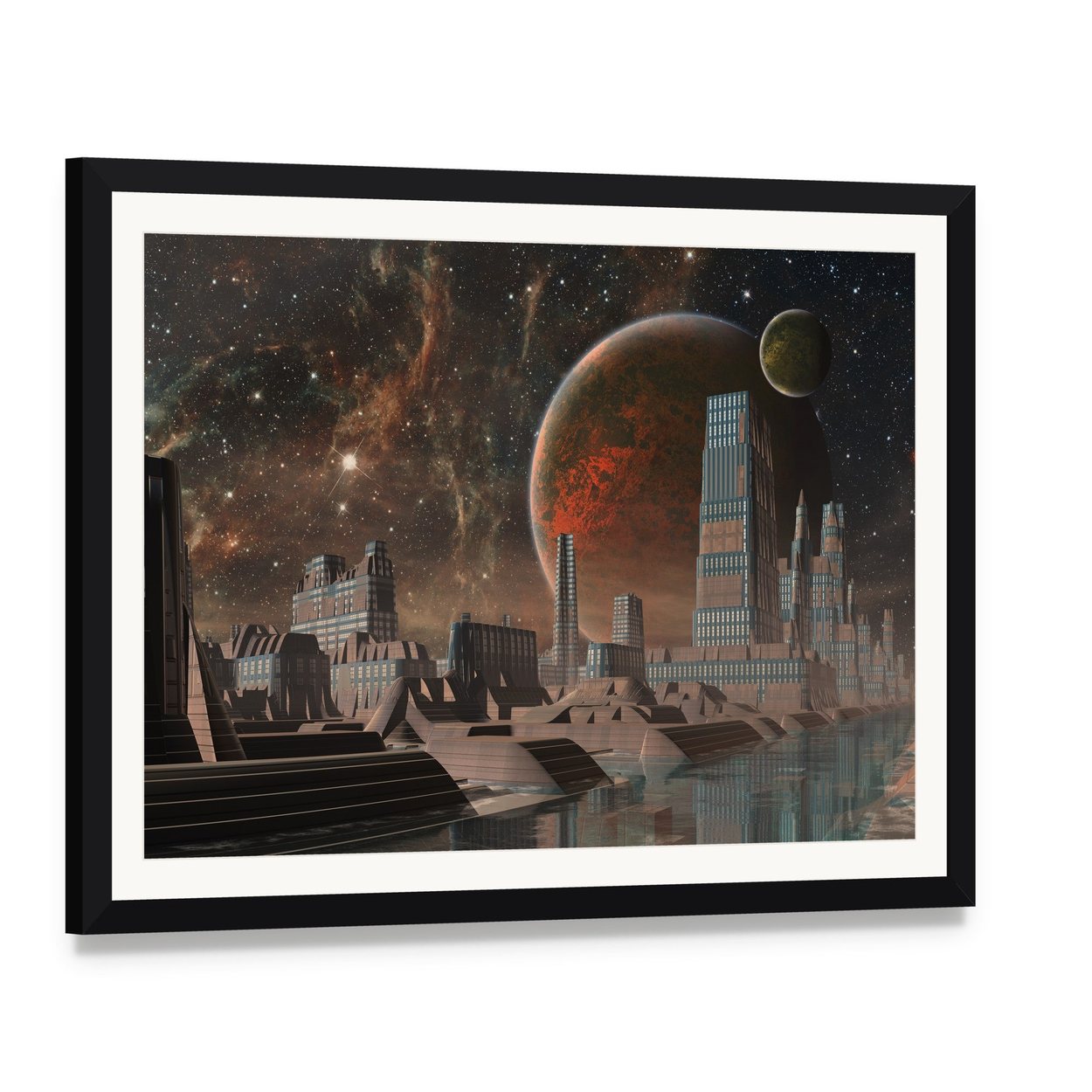 Futuristic Alien City Canvas Wall Art, framed print with white mat and black frame, angled product view