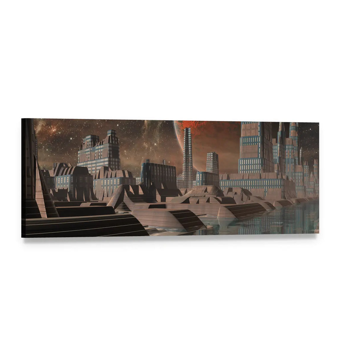 Futuristic Alien City Under Giant Planet Panoramic Canvas Wall Art, single panel gallery wrapped canvas, angled product view