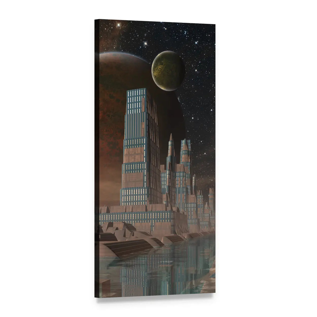 Futuristic Alien City Vertical Canvas Wall Art, 1 panel 1 Vertical layout gallery wrapped canvas set, angled product view