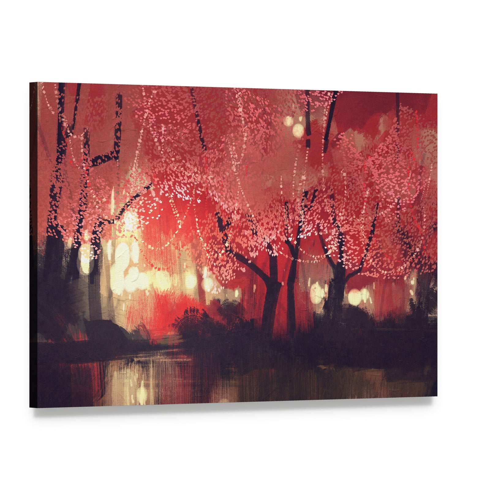 Night Forest with Pink Blossoms and String Lights Canvas Wall Art, single panel gallery wrapped canvas, angled product view