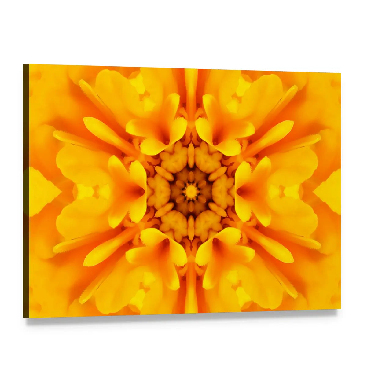 Yellow Mandala Flower Canvas Wall Art, single panel gallery wrapped canvas, angled product view