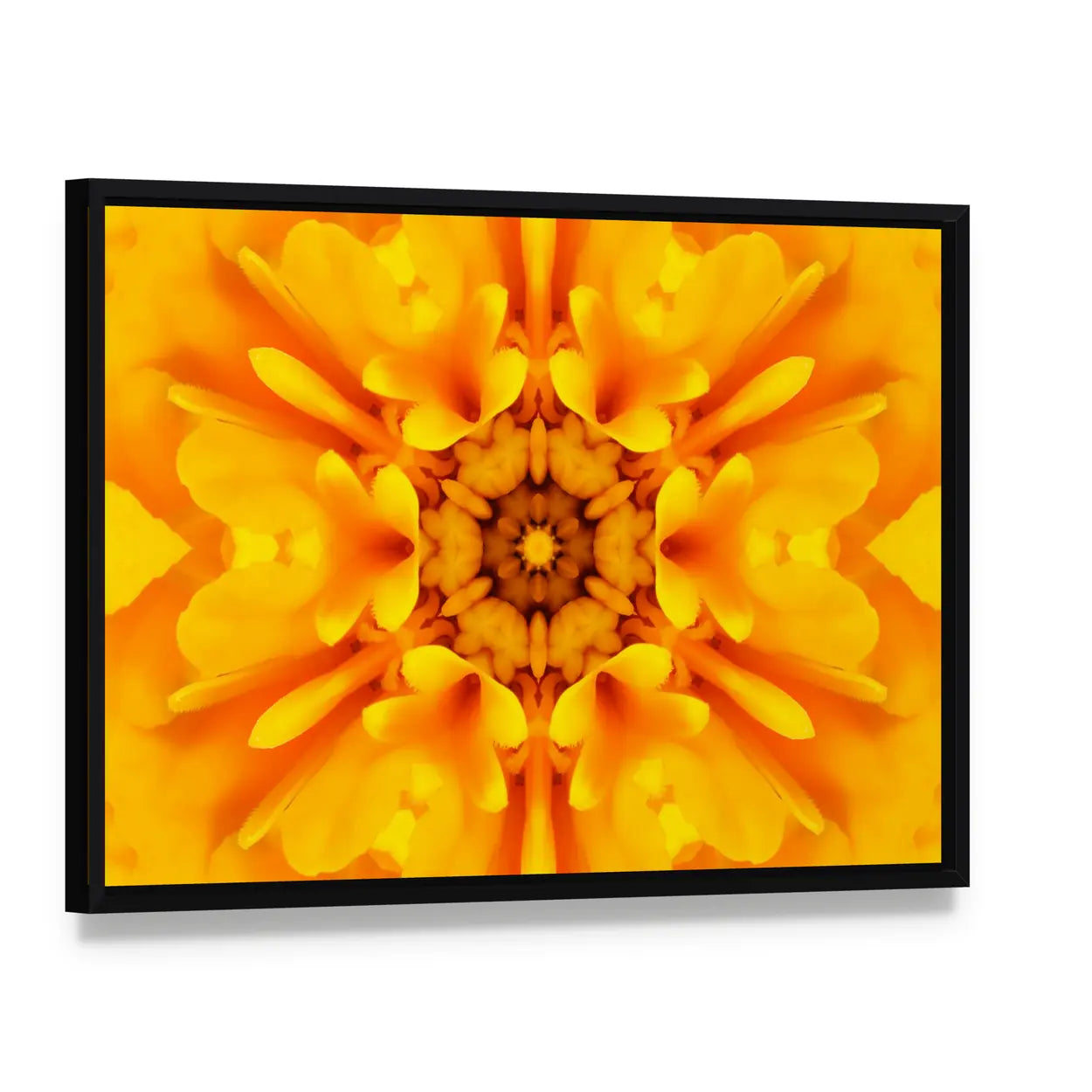 Yellow Mandala Flower Canvas Wall Art, framed canvas in a black floater frame, angled product view