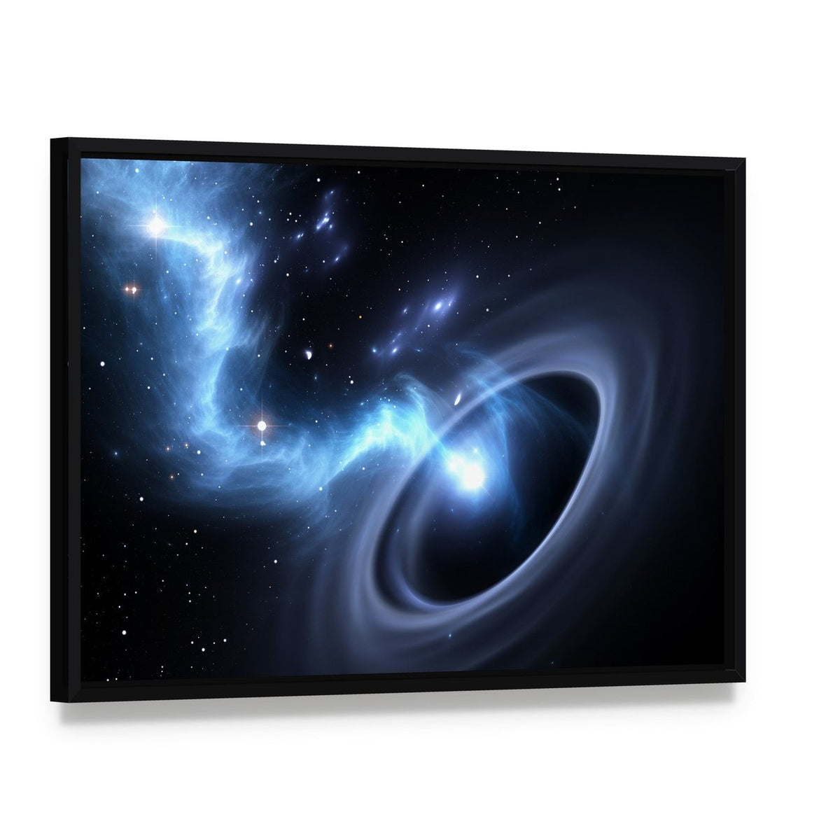 Stars and Material Falls Into a Black Hole Canvas Wall Art, framed canvas in a black floater frame, angled product view