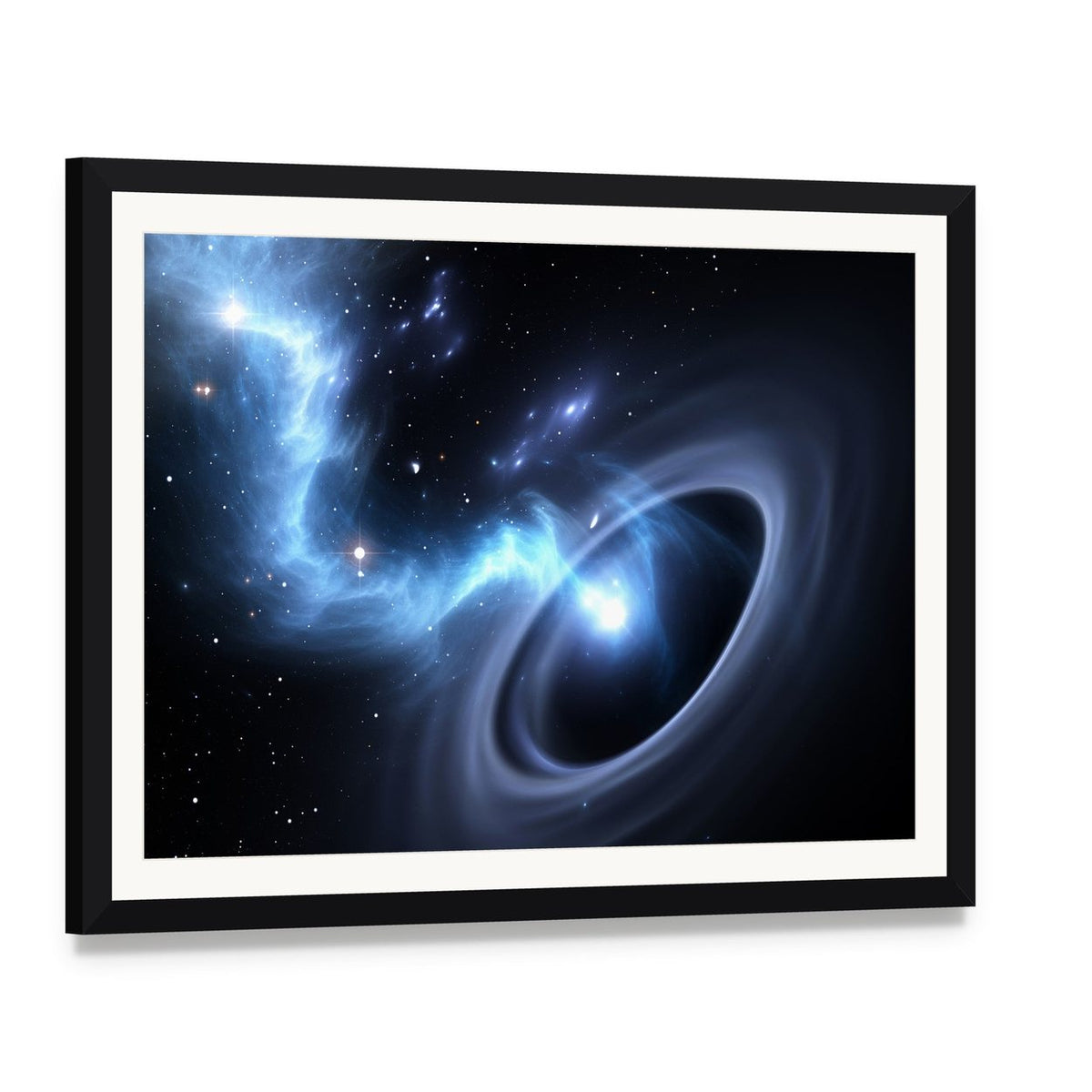 Stars and Material Falls Into a Black Hole Canvas Wall Art, framed print with white mat and black frame, angled product view