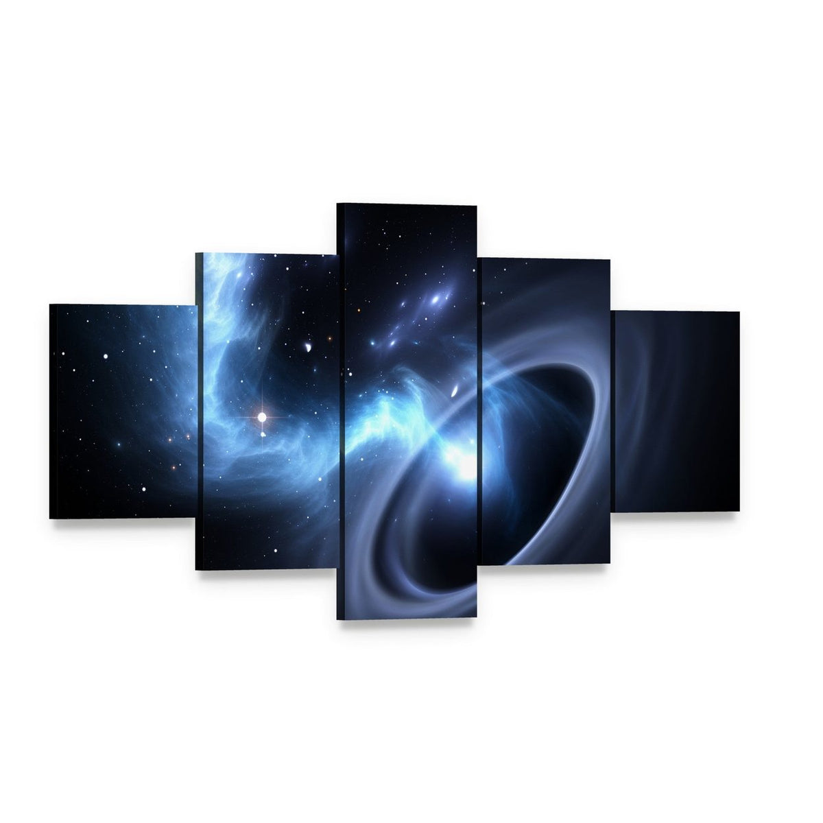 Stars and Material Falls Into a Black Hole Canvas Wall Art, 5 panel 5 Star layout gallery wrapped canvas set, angled product view