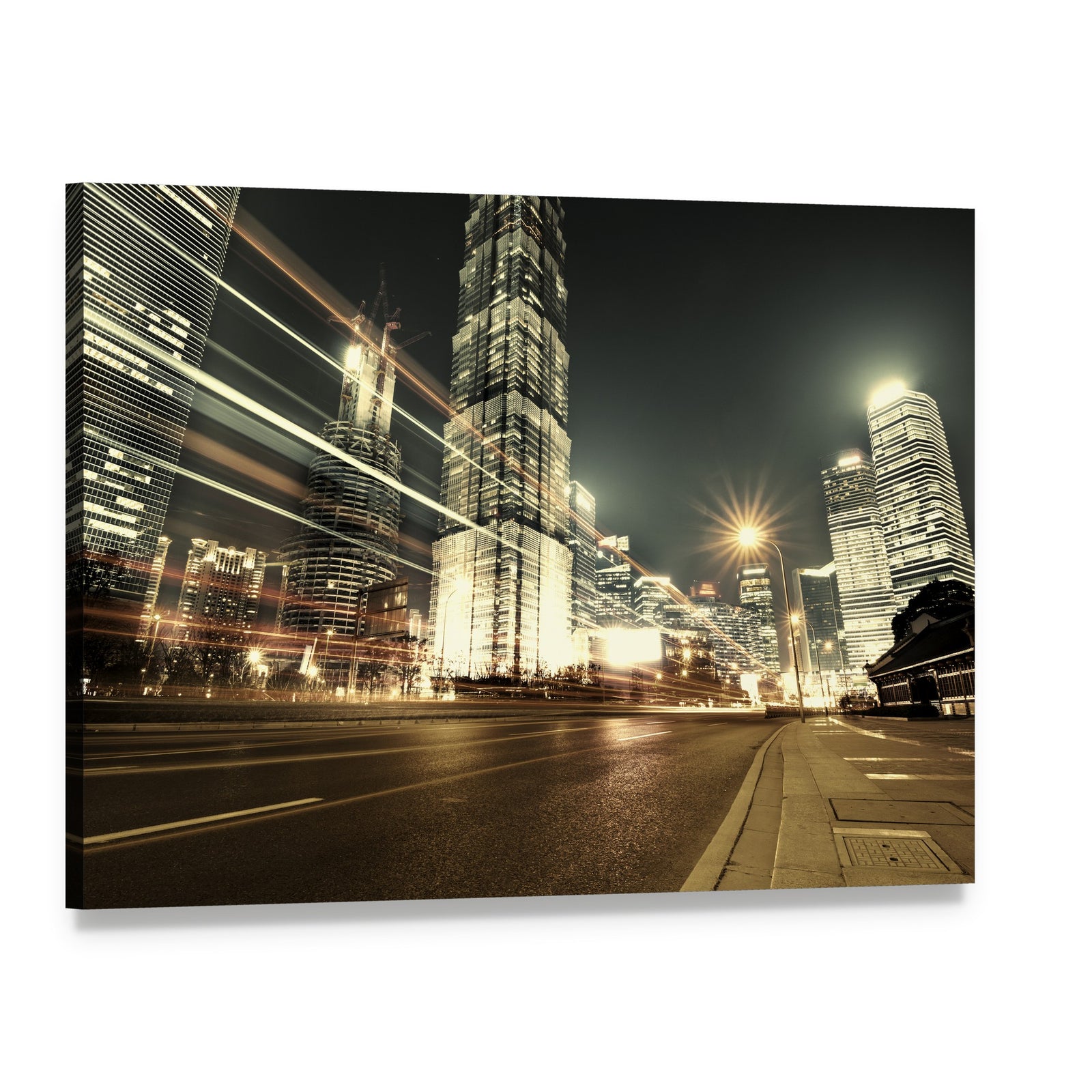 Modern City Night in Shanghai Canvas Wall Art, single panel gallery wrapped canvas, angled product view