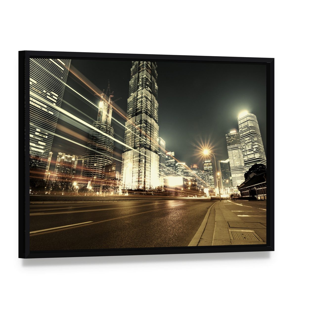 Modern City Night in Shanghai Canvas Wall Art, framed canvas in a black floater frame, angled product view