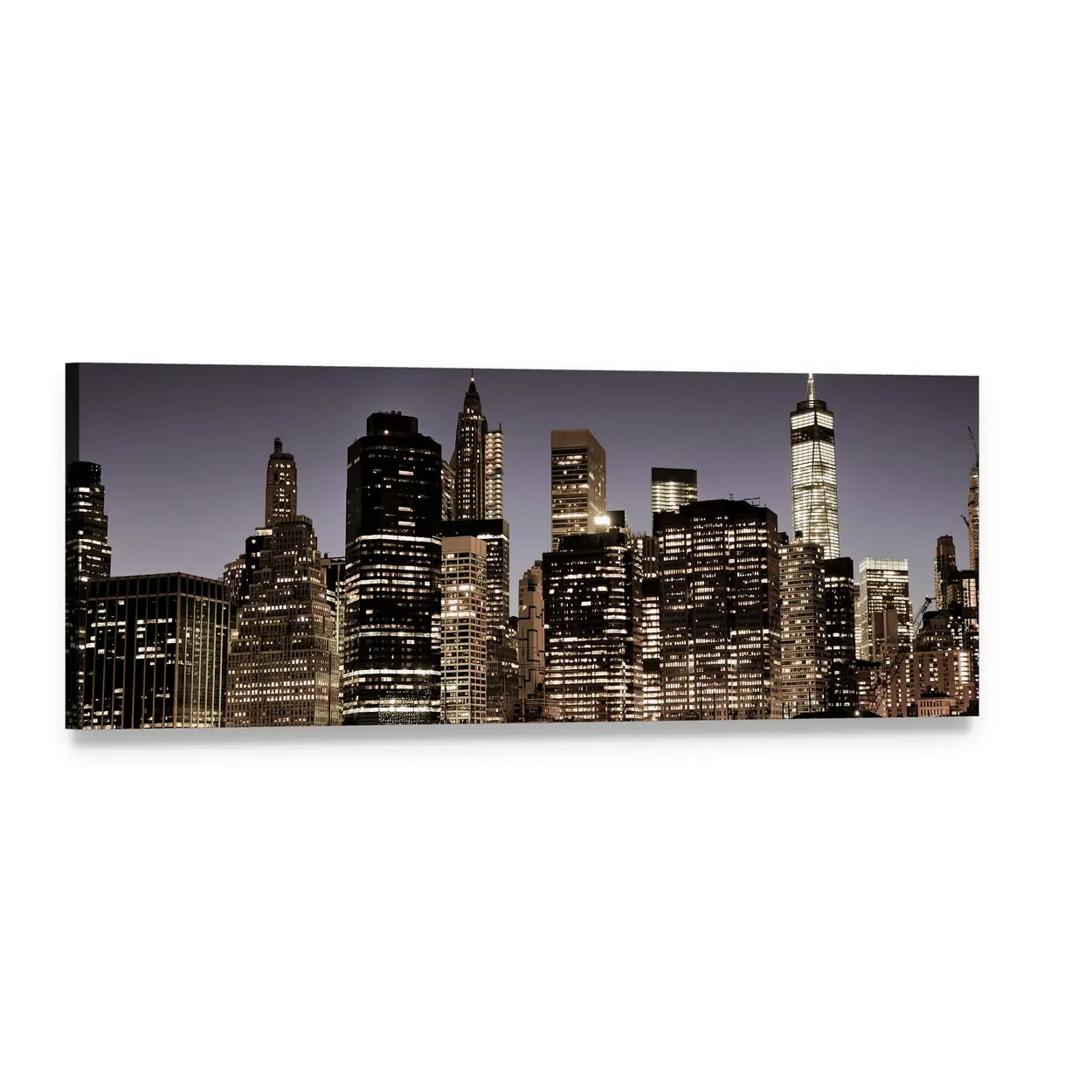 Manhattan Skyline at Night Panoramic Canvas Wall Art, single panel gallery wrapped canvas, angled product view