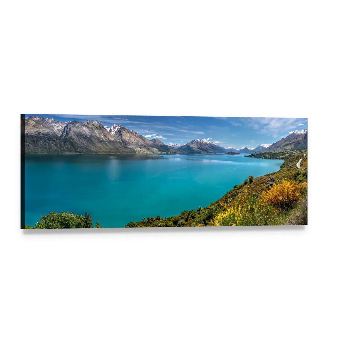 Lake Wakatipu Turquoise Water and Snow Peaks Panoramic Canvas Wall Art, single panel gallery wrapped canvas, angled product view
