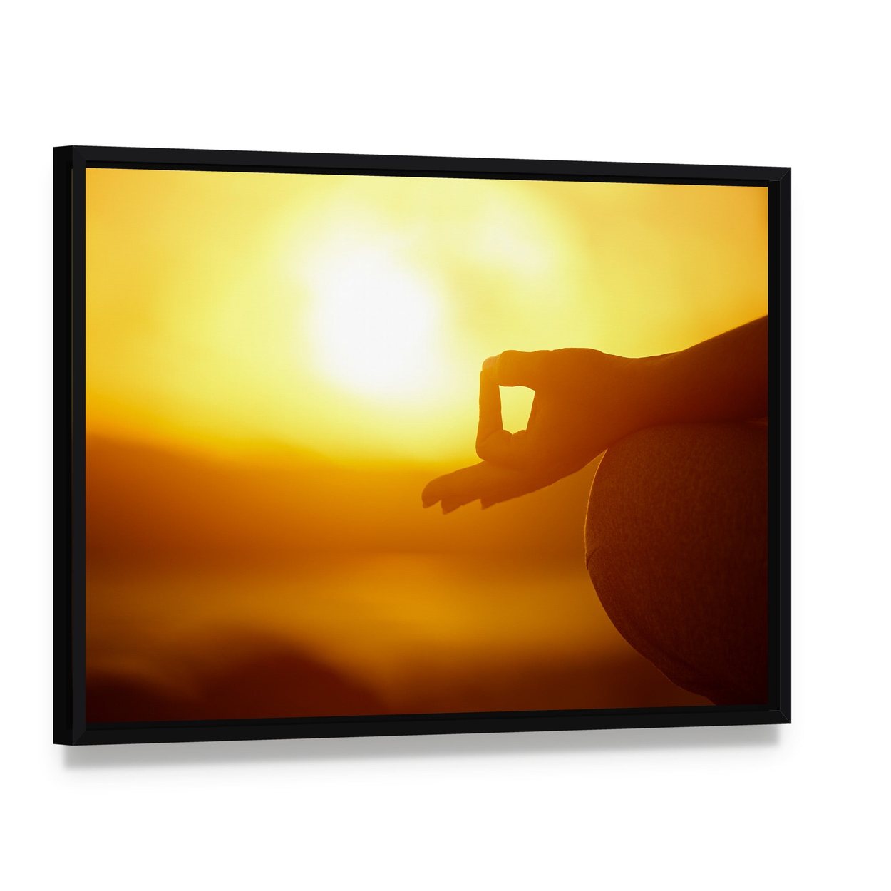 Woman Practicing Yoga Lotus Pose on the Beach Canvas Wall Art, framed canvas in a black floater frame, angled product view