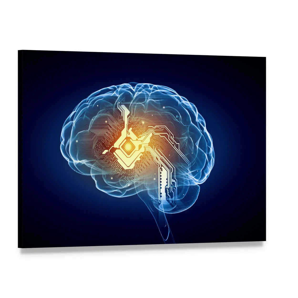 Human Brain with Glowing Circuitry Canvas Wall Art, single panel gallery wrapped canvas, angled product view