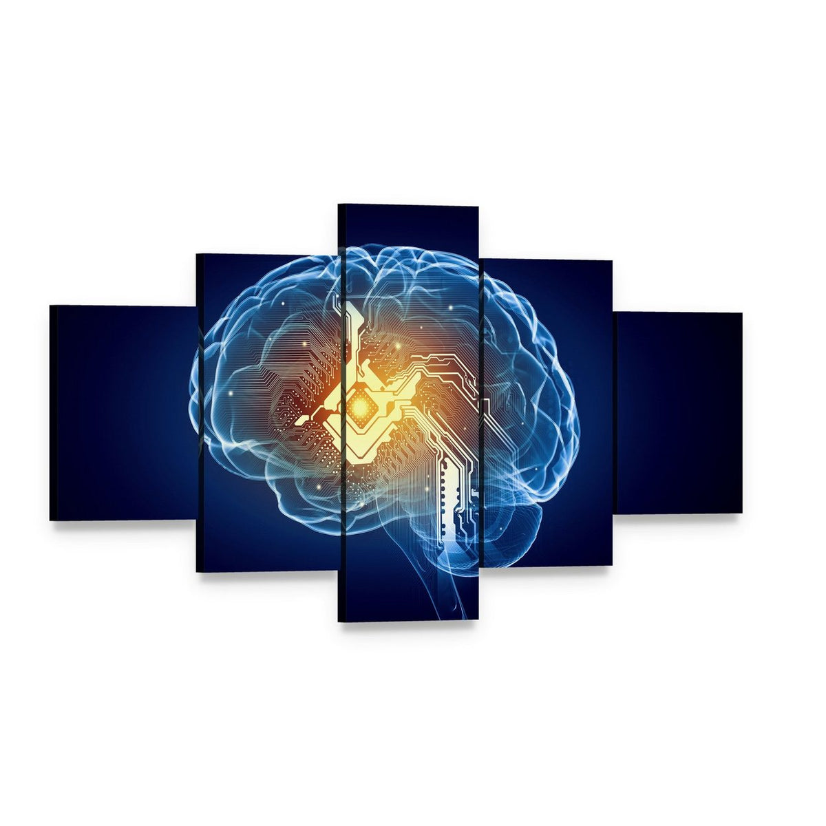 Glowing Circuit Brain Canvas Wall Art, 5 panel 5 Star layout gallery wrapped canvas set, angled product view