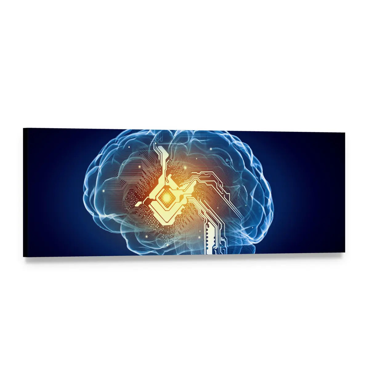Human Brain with Microchip Panoramic Canvas Wall Art, single panel gallery wrapped canvas, angled product view