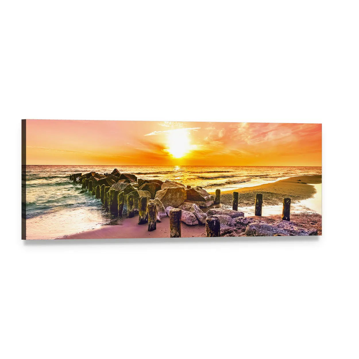 Colorful Sunset Over Beach Jetty Panoramic Canvas Wall Art, single panel gallery wrapped canvas, angled product view