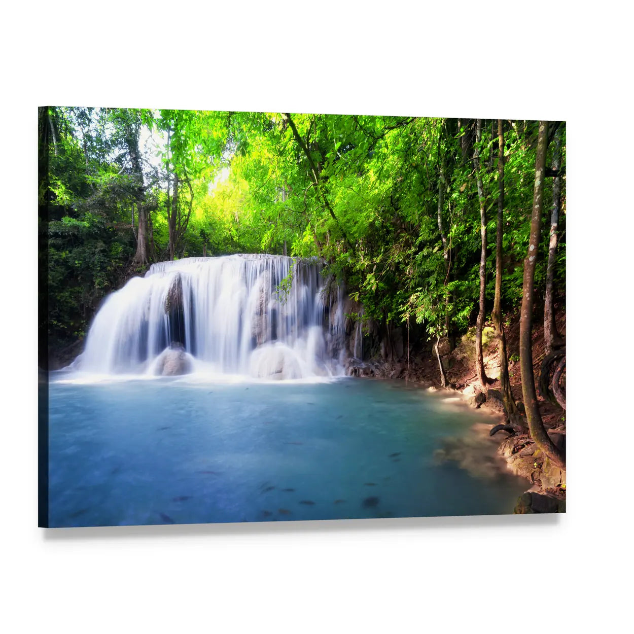 Tropical Waterfall in Thailand Canvas Wall Art, single panel gallery wrapped canvas, angled product view