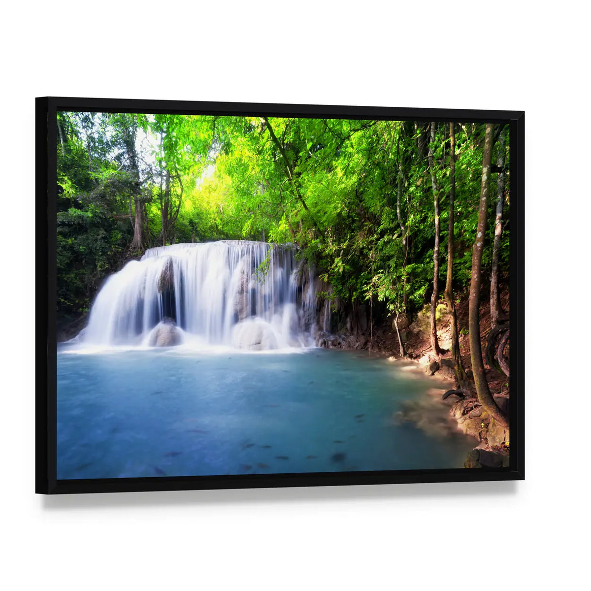 Tropical Waterfall in Thailand Canvas Wall Art, framed canvas in a black floater frame, angled product view